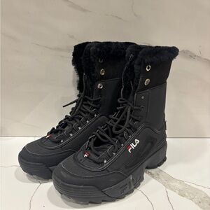 FILA black lace up faux fur platform boots